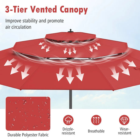 296cm 3 Tier Outdoor Umbrella With Double Vented for Market Backyard Pool Garden-Red