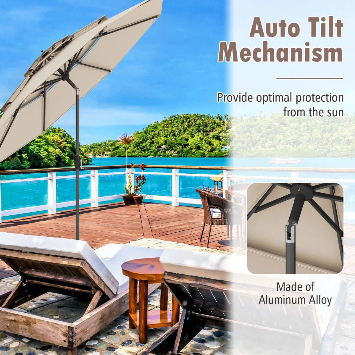 296cm 3 Tier Outdoor Umbrella With Double Vented for Market Backyard Pool Garden-Brown