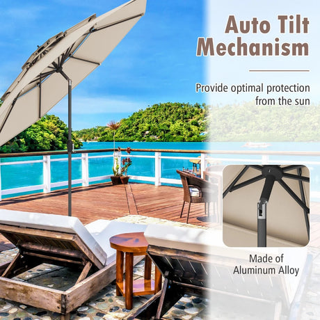 296cm 3 Tier Outdoor Umbrella With Double Vented for Market Backyard Pool Garden-Brown