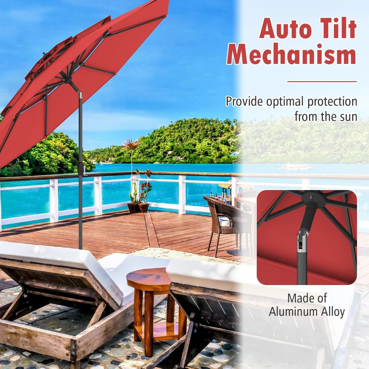 296cm 3 Tier Outdoor Umbrella With Double Vented for Market Backyard Pool Garden-Red