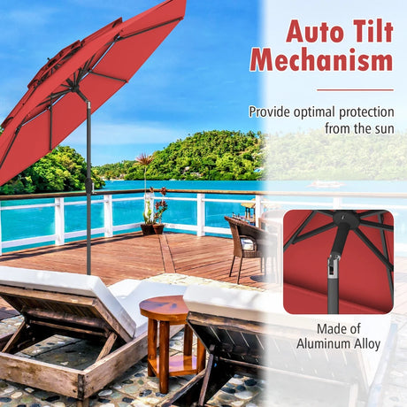 296cm 3 Tier Outdoor Umbrella With Double Vented for Market Backyard Pool Garden-Red