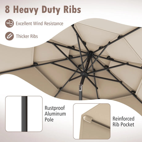 296cm 3 Tier Outdoor Umbrella With Double Vented for Market Backyard Pool Garden-Brown