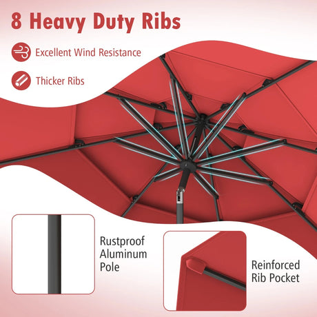 296cm 3 Tier Outdoor Umbrella With Double Vented for Market Backyard Pool Garden-Red
