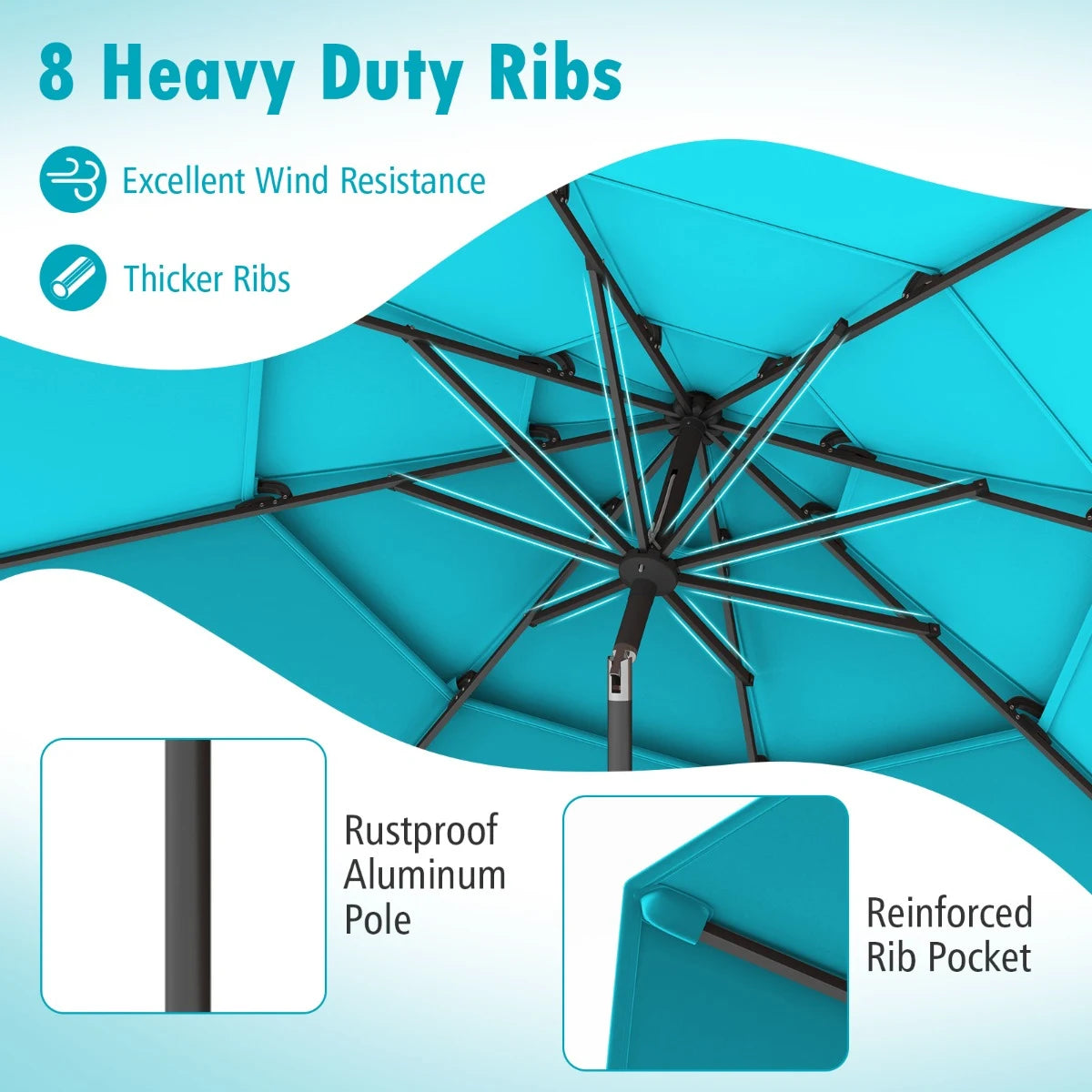296cm 3 Tier Outdoor Umbrella With Double Vented for Market Backyard Pool Garden-Turquoise