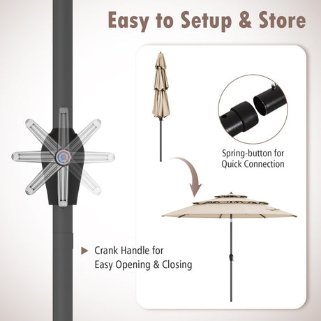 296cm 3 Tier Outdoor Umbrella With Double Vented for Market Backyard Pool Garden-Brown