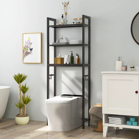 Over-The-Toilet Storage Shelf with Anti-tipping Device and Hooks-Brown