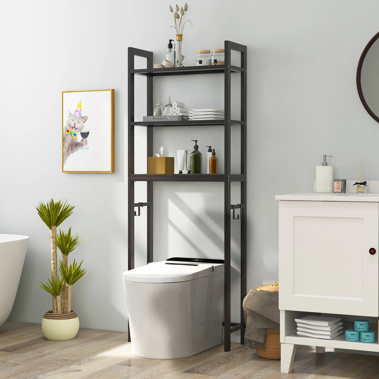 Over-The-Toilet Storage Shelf with Anti-tipping Device and Hooks-Brown
