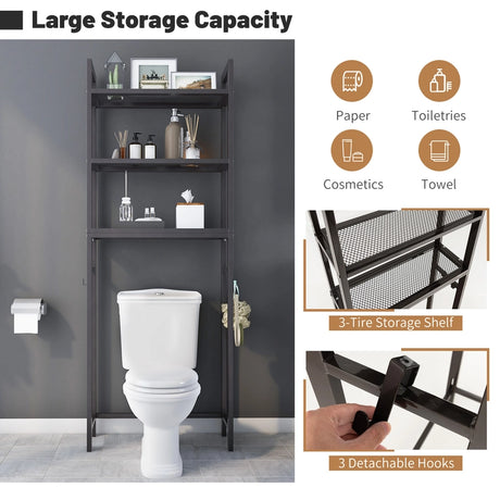 Over-The-Toilet Storage Shelf with Anti-tipping Device and Hooks-Brown