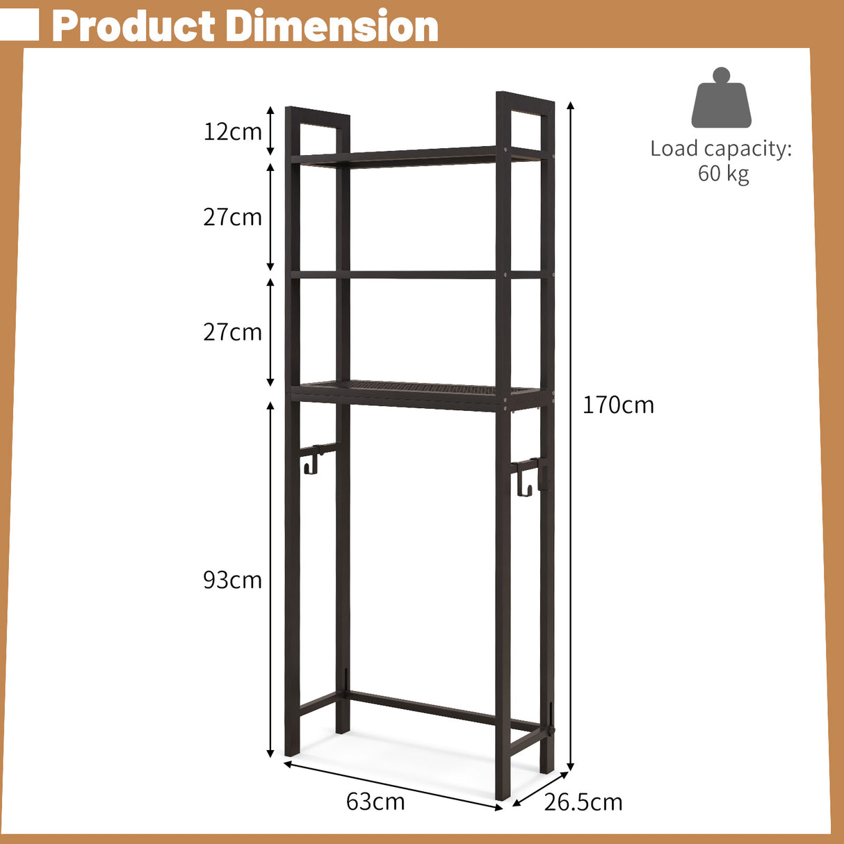 Over-The-Toilet Storage Shelf with Anti-tipping Device and Hooks-Brown