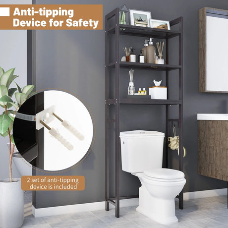 Over-The-Toilet Storage Shelf with Anti-tipping Device and Hooks-Brown