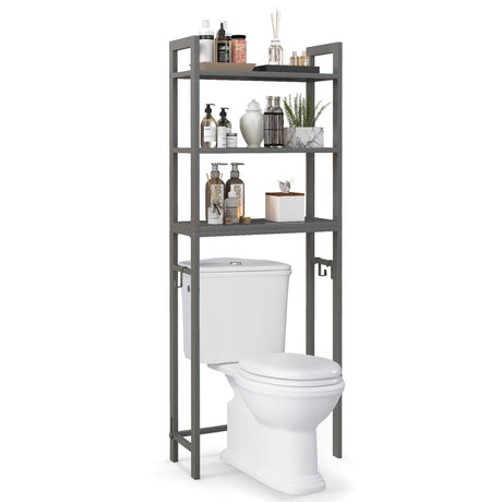 Over-The-Toilet Storage Shelf Space Saving Metal Bathroom Organizer Hooks-Gray