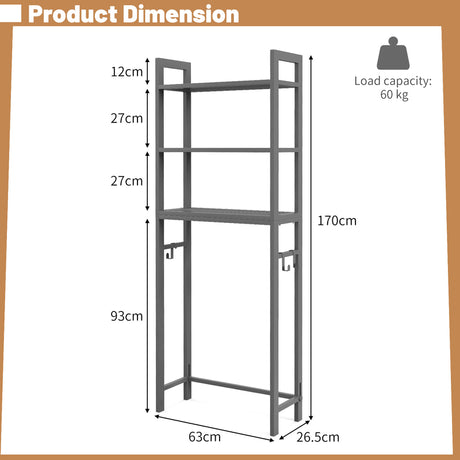 Over-The-Toilet Storage Shelf Space Saving Metal Bathroom Organizer Hooks-Gray