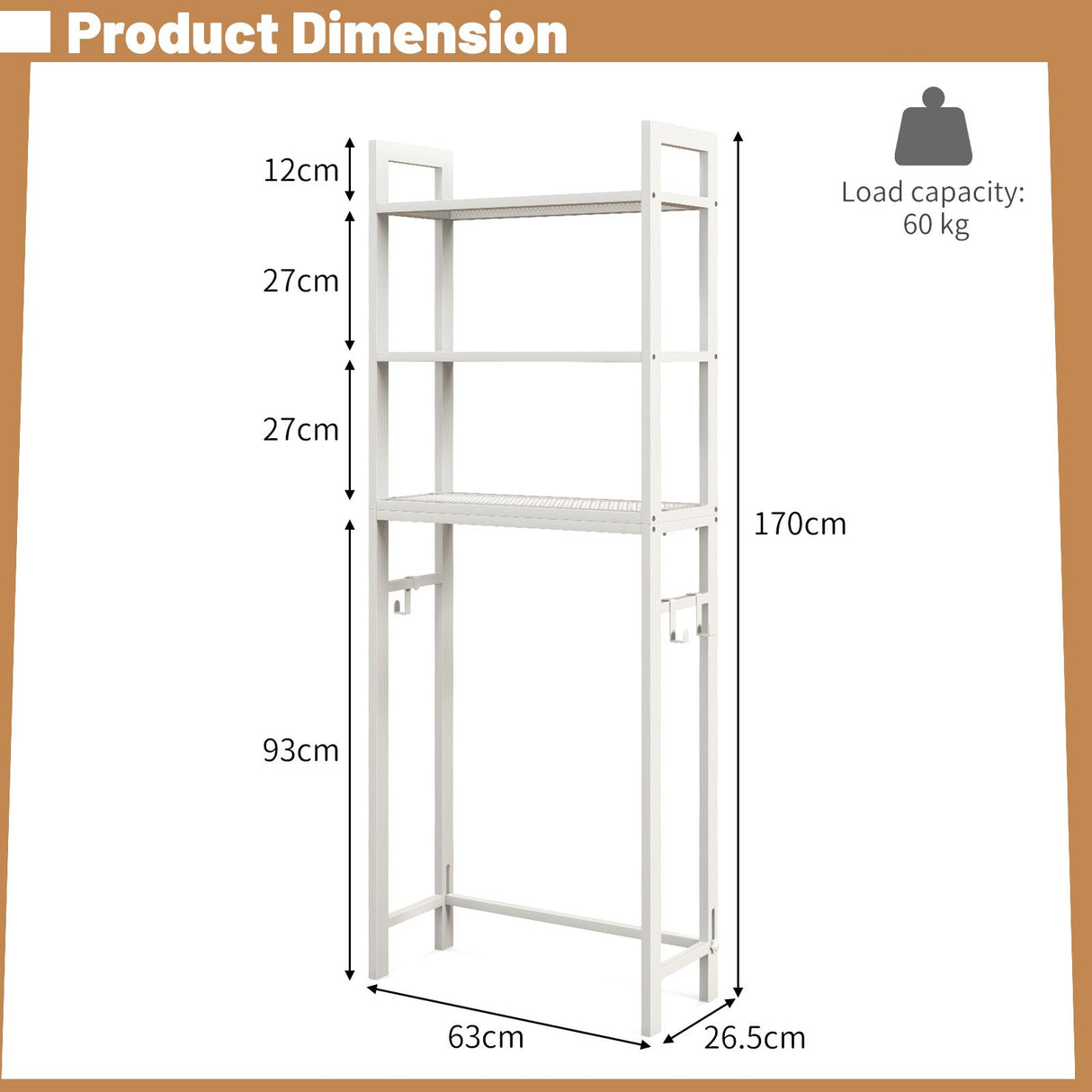Over-The-Toilet Storage Shelf Space Saving Metal Bathroom Organizer Hooks-White