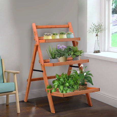3 Tier Outdoor Wood Flower Folding Pot Shelf Stand