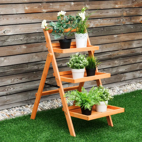 3 Tier Outdoor Wood Flower Folding Pot Shelf Stand