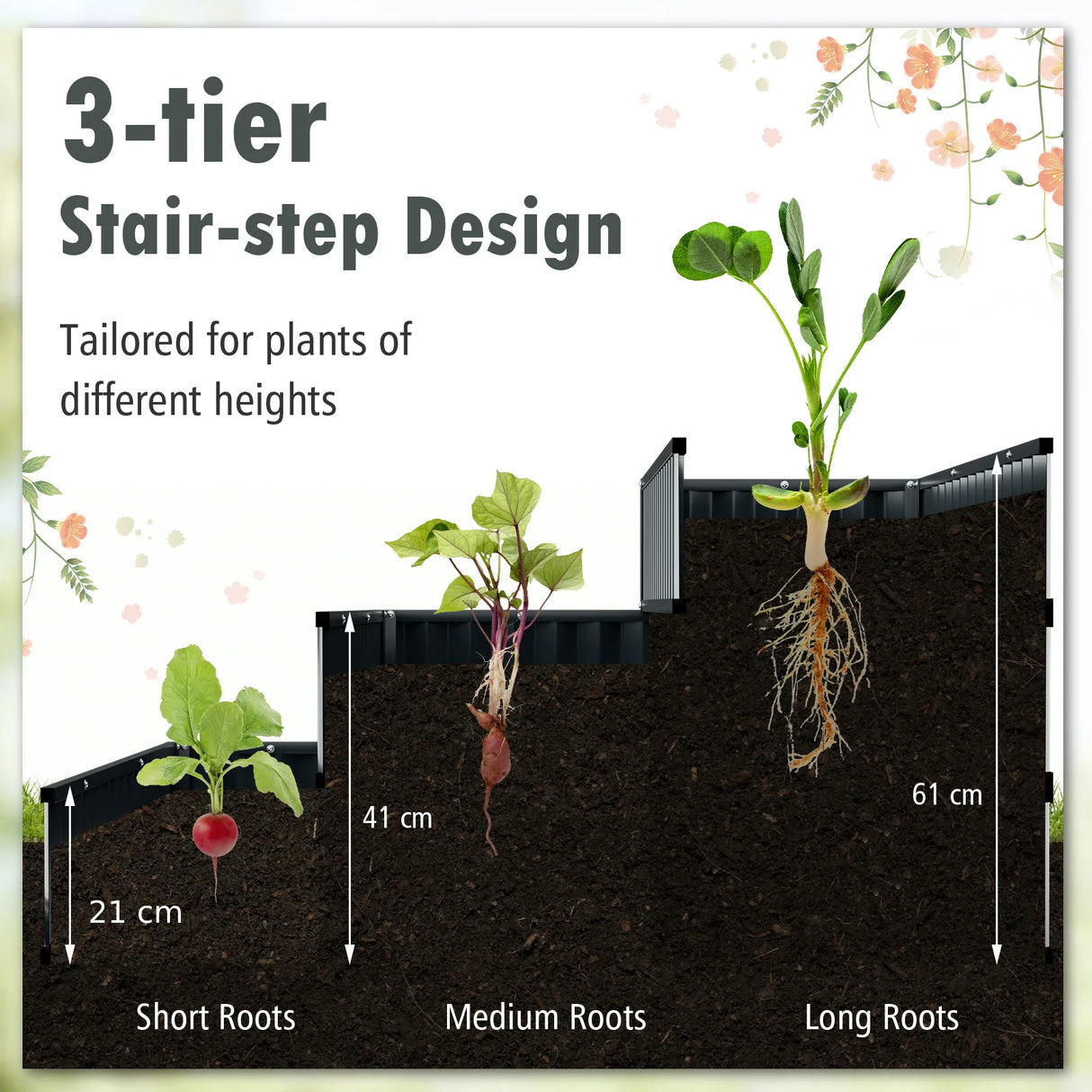 3-Tier Raised Garden Bed with Open ended Base for Vegetable Fruit Flower Herb-Black
