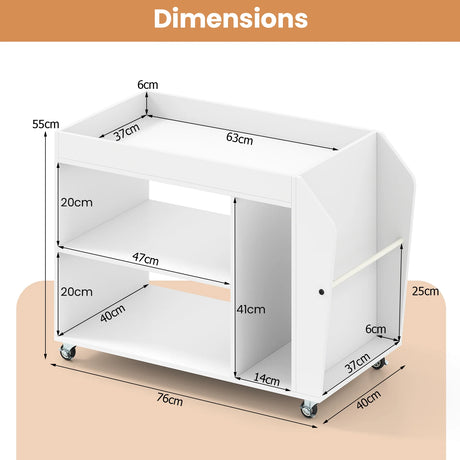 3-Tier Side End Table Rolling Nightstand with Universal Wheels-White