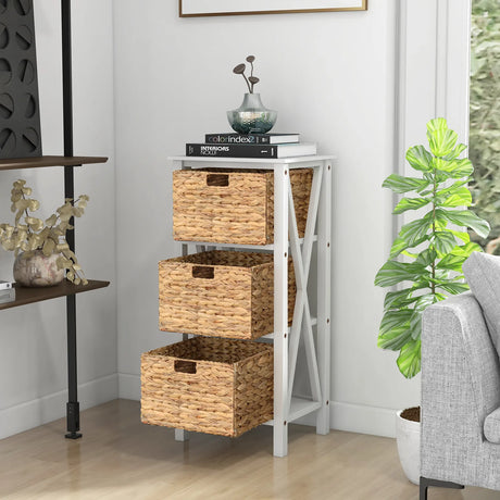 4-tier bedside table with 3 seagrass baskets &amp; X-Design narrow side table 36 x 30 x 80 cm white