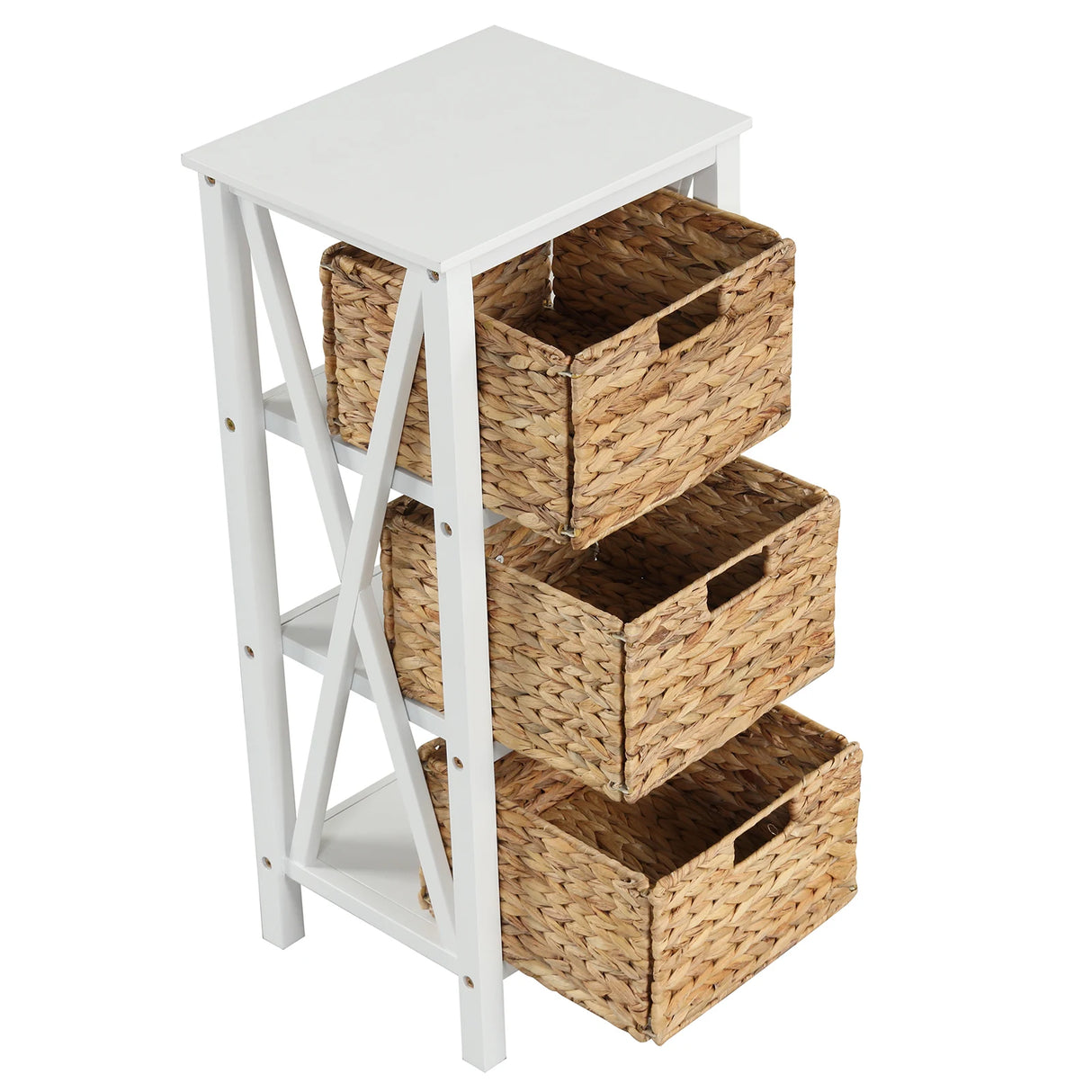 4-tier bedside table with 3 seagrass baskets &amp; X-Design narrow side table 36 x 30 x 80 cm white