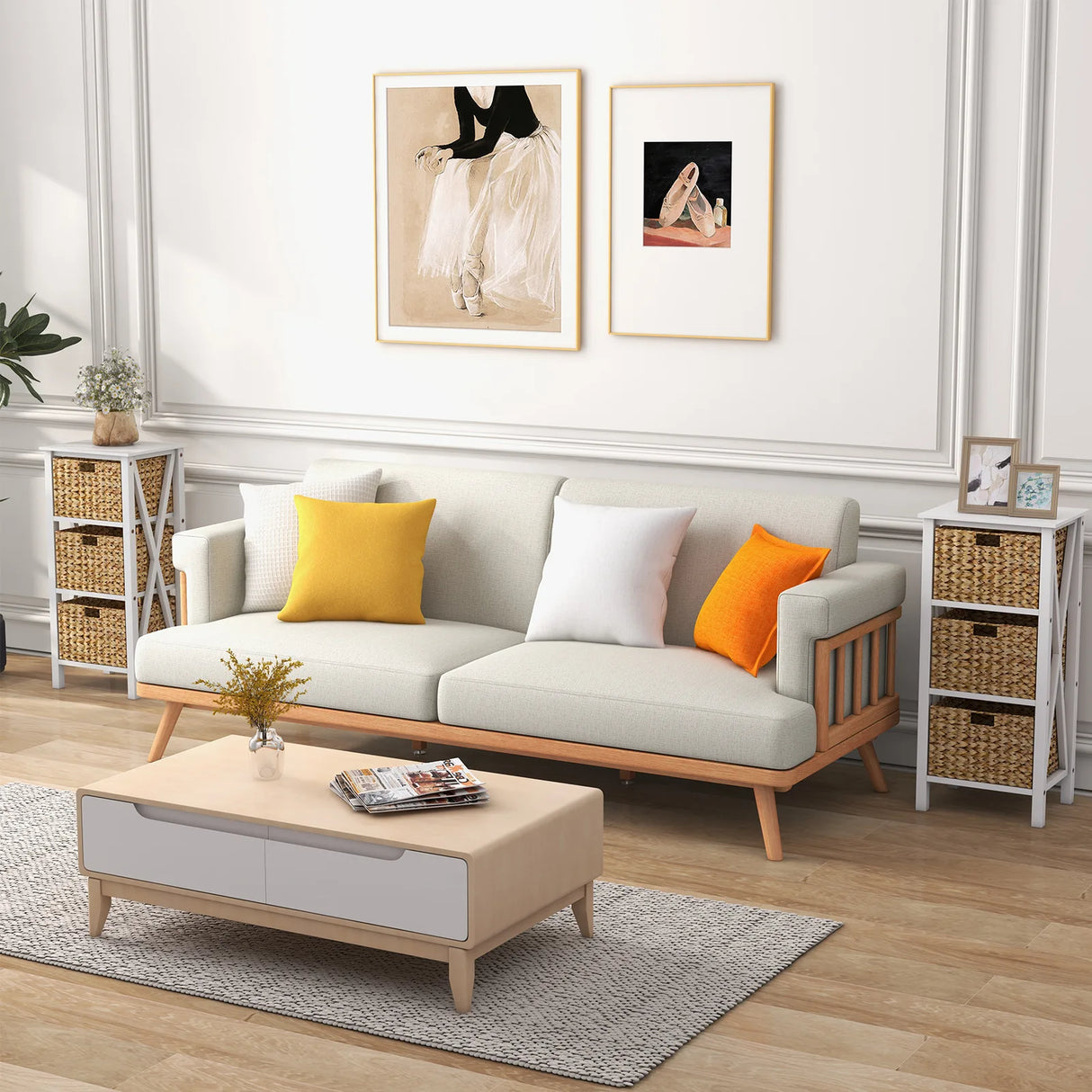 4-tier bedside table with 3 seagrass baskets &amp; X-Design narrow side table 36 x 30 x 80 cm white