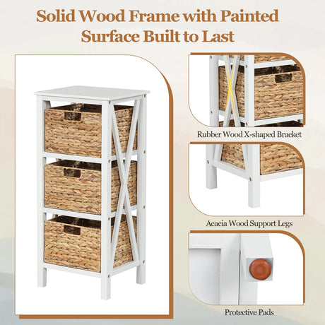 4-tier bedside table with 3 seagrass baskets &amp; X-Design narrow side table 36 x 30 x 80 cm white