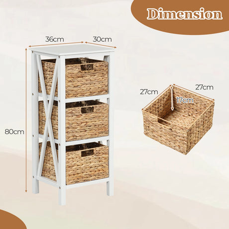 4-tier bedside table with 3 seagrass baskets &amp; X-Design narrow side table 36 x 30 x 80 cm white