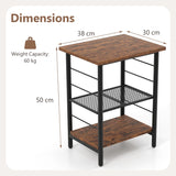 3-Tier Side Table with Height Adjustable Metal Mesh Shelf-Rustic Brown