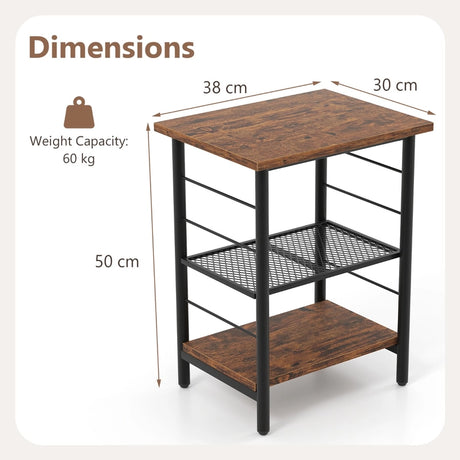 3-Tier Side Table with Height Adjustable Metal Mesh Shelf-Rustic Brown