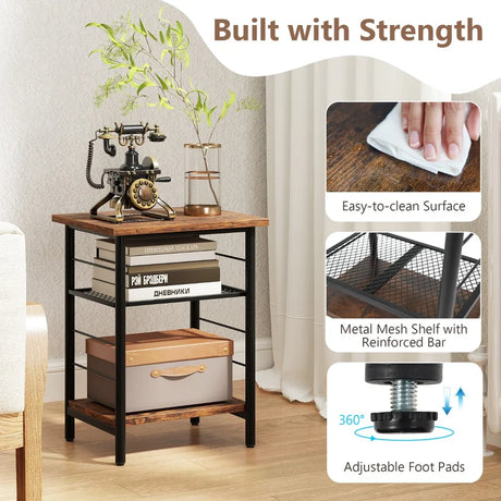 3-Tier Side Table with Height Adjustable Metal Mesh Shelf-Rustic Brown
