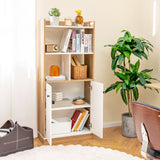 Bookcase with double door cabinet 3-tier standing shelf with open compartments 60 x 30 x 140 cm white and natural