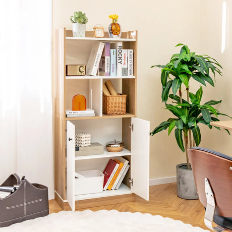 Bookcase with double door cabinet 3-tier standing shelf with open compartments 60 x 30 x 140 cm white and natural