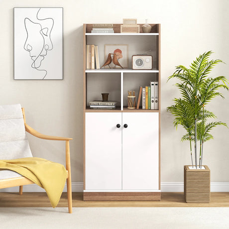 Bookcase with double door cabinet 3-tier standing shelf with open compartments 60 x 30 x 140 cm white and natural