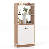 Bookcase with double door cabinet 3-tier standing shelf with open compartments 60 x 30 x 140 cm white and natural