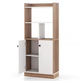 Bookcase with double door cabinet 3-tier standing shelf with open compartments 60 x 30 x 140 cm white and natural