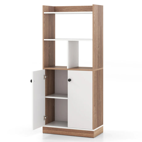 Bookcase with double door cabinet 3-tier standing shelf with open compartments 60 x 30 x 140 cm white and natural