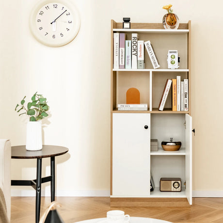 Bookcase with double door cabinet 3-tier standing shelf with open compartments 60 x 30 x 140 cm white and natural