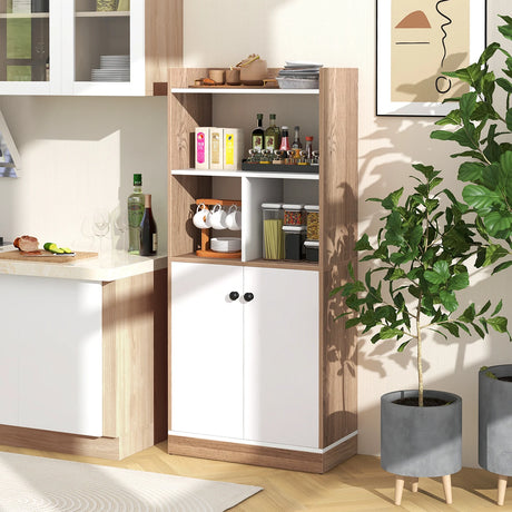Bookcase with double door cabinet 3-tier standing shelf with open compartments 60 x 30 x 140 cm white and natural