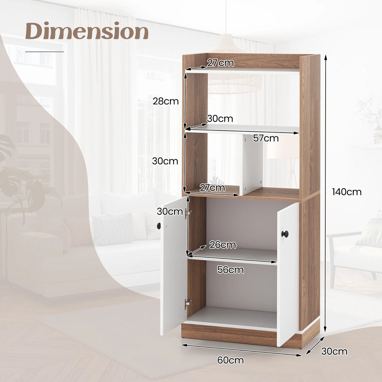 Bookcase with double door cabinet 3-tier standing shelf with open compartments 60 x 30 x 140 cm white and natural