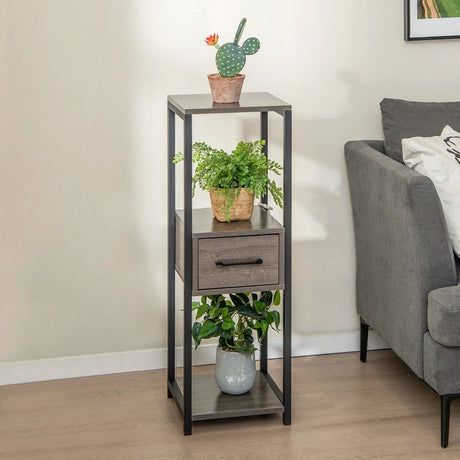 2 Pack 3 Tier Tall Metal Plant Stand with Drawer-Grey
