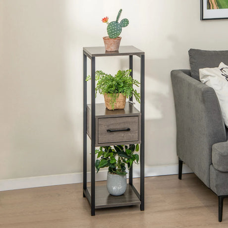 2 Pack 3 Tier Tall Metal Plant Stand with Drawer-Grey