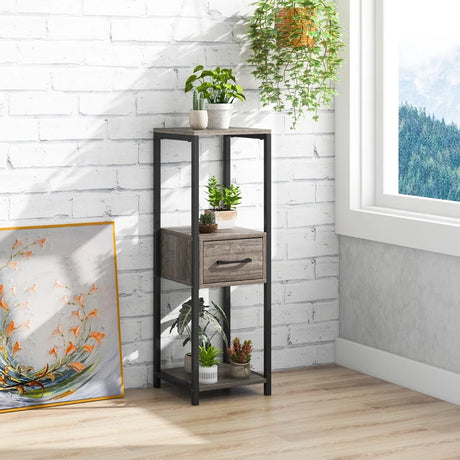 2 Pack 3 Tier Tall Metal Plant Stand with Drawer-Grey