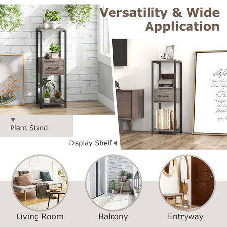 2 Pack 3 Tier Tall Metal Plant Stand with Drawer-Grey