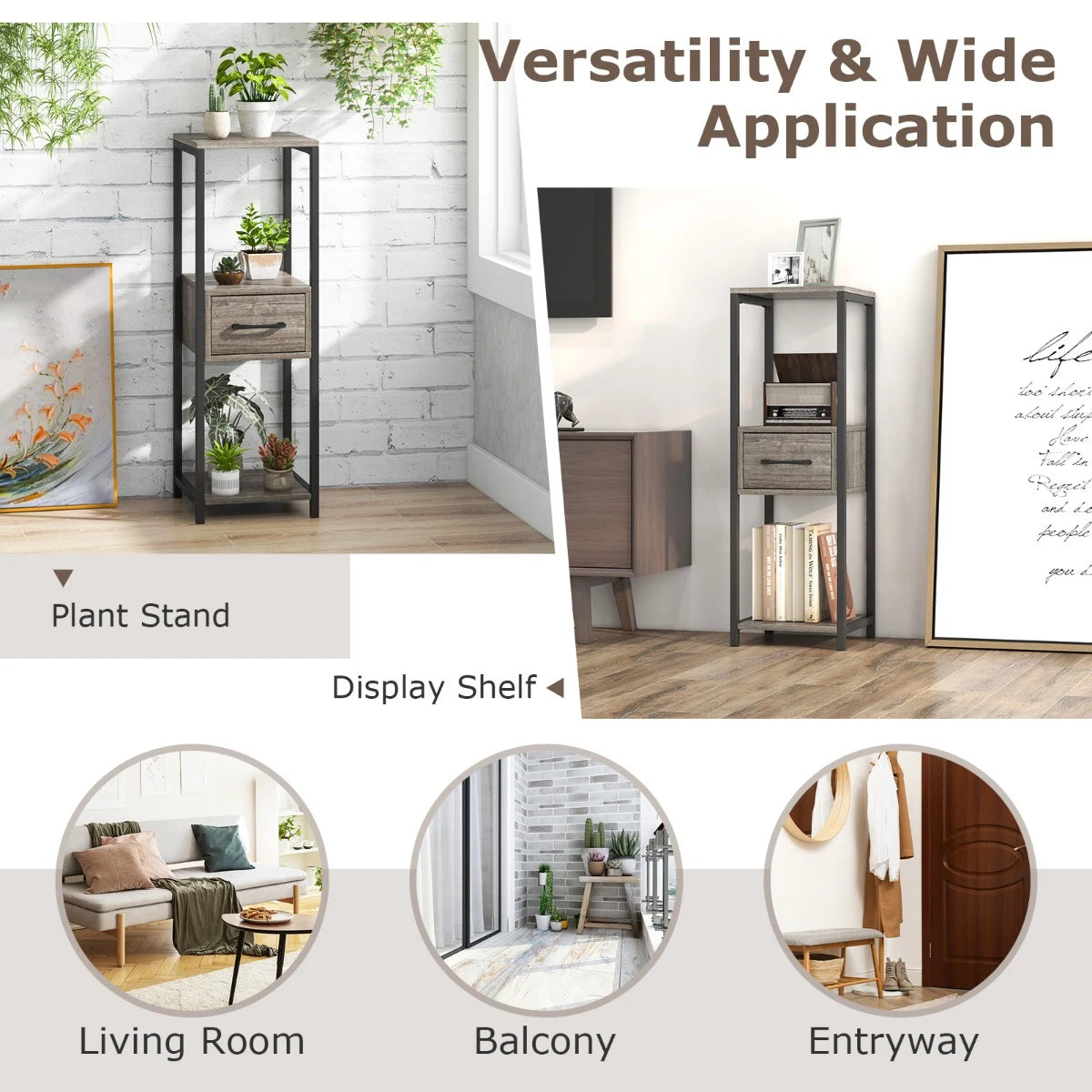 2 Pack 3 Tier Tall Metal Plant Stand with Drawer-Grey