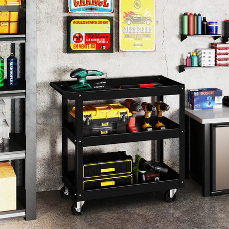 3-Tier Metal Utility Cart Trolley Tool with Flat Handle and 2 Lockable Universal Wheels-Black