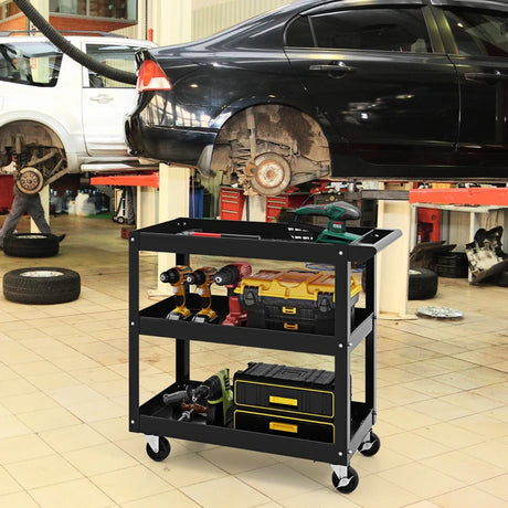 3-Tier Metal Utility Cart Trolley Tool with Flat Handle and 2 Lockable Universal Wheels-Black