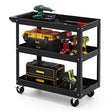 3-Tier Metal Utility Cart Trolley Tool with Flat Handle and 2 Lockable Universal Wheels-Black