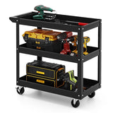 3-Tier Metal Utility Cart Trolley Tool with Flat Handle and 2 Lockable Universal Wheels-Black