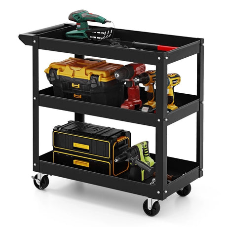 3-Tier Metal Utility Cart Trolley Tool with Flat Handle and 2 Lockable Universal Wheels-Black