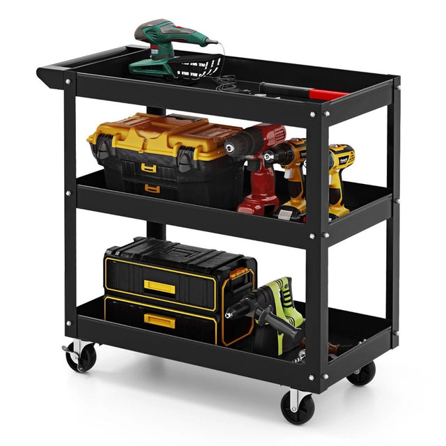 3-Tier Metal Utility Cart Trolley Tool with Flat Handle and 2 Lockable Universal Wheels-Black