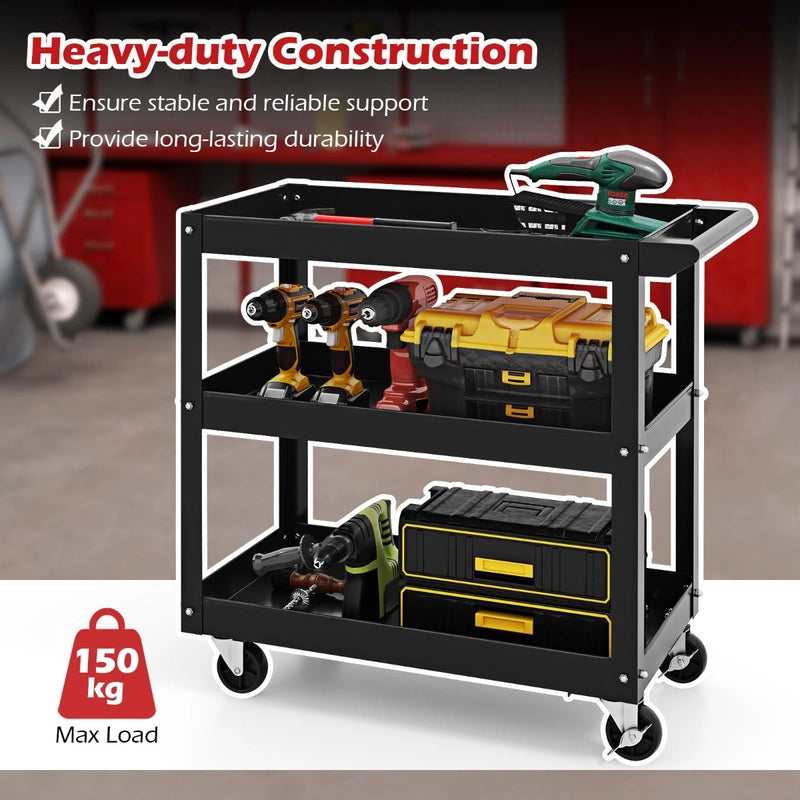 3-Tier Metal Utility Cart Trolley Tool with Flat Handle and 2 Lockable Universal Wheels-Black
